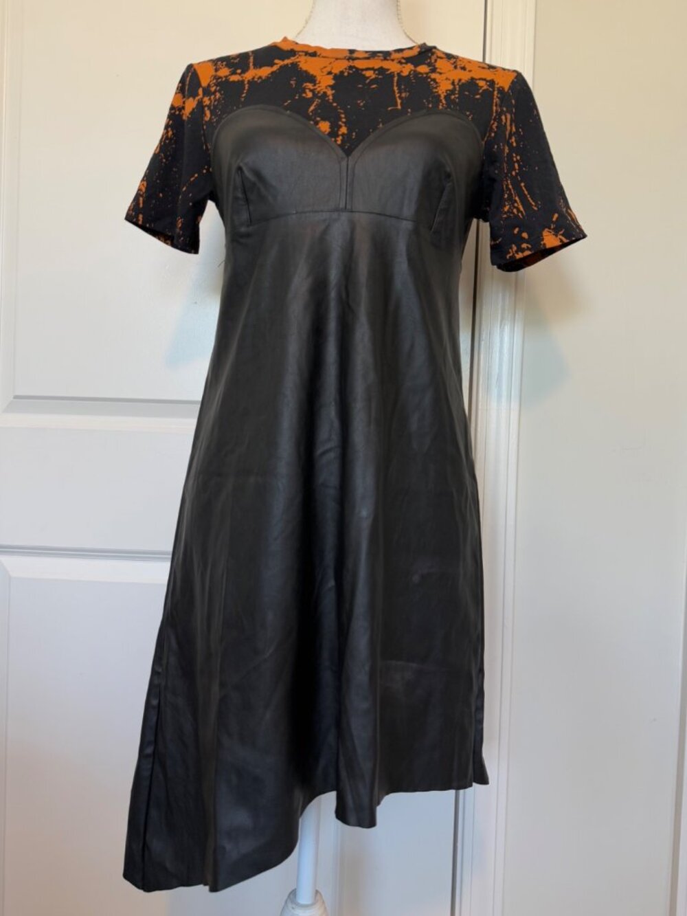 Zara Trafaluc Black Orange Vegan Leather Shirt Dress Med Splatter Halloween Goth